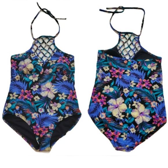 Tahiti Women's Blue/Multi One-Piece Lattice Front Halter Floral Swimsuit M(8-10) - Picture 3 of 14
